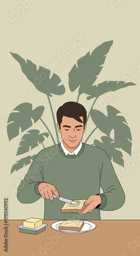 Man Spreading Butter On Toast Enjoying A Peaceful Morning Moment