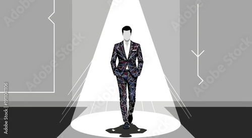 Man Walks Down Fashion Runway In Striking Geometric Suit