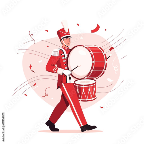 Marching Band Musician Playing Drums With Festive Confetti And Ribbons