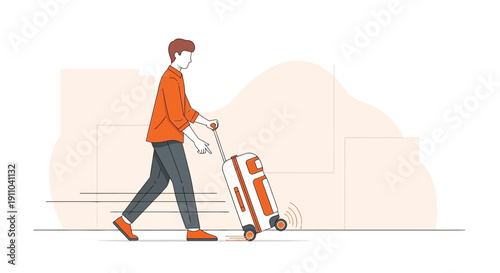 Man Striding With Orange Suitcase on Wheels Moving Forward
