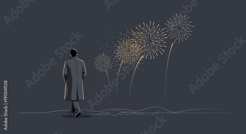 Man Watching Fireworks Display Over Dark Horizon
