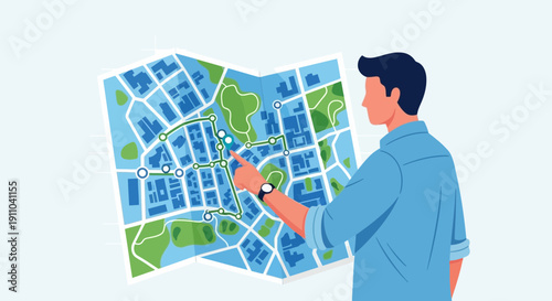 Man Studying City Map Navigation Route Planning