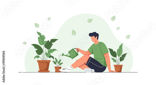 Man Watering Potted Plants In Minimalist Flat Illustration Style