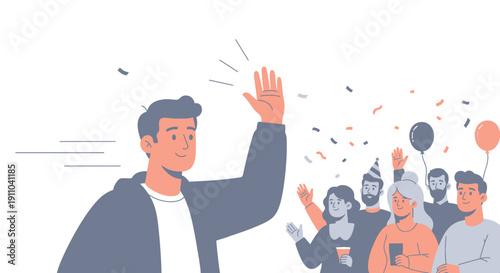 Man Waving Hello To Crowd Celebrating Party With Confetti And Balloons