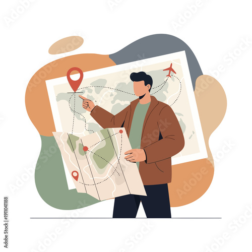 Man Planning An Exciting Global Journey With Detailed Maps And Pinpoints