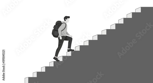 Man With Backpack Ascending Stairs Graphic Representing Progress