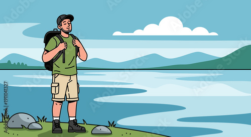 Man With Backpack Enjoys Serene Lake View Under Blue Sky