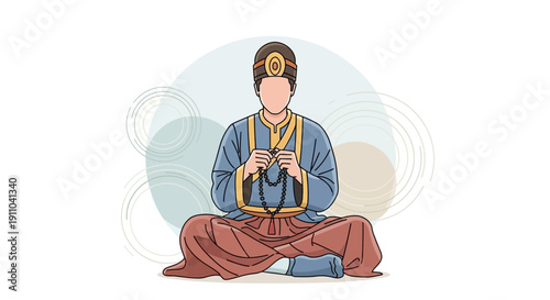 Meditating Monk In Traditional Attire Holding Prayer Beads Calmly