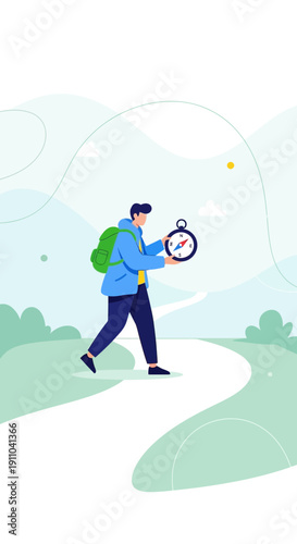 Man With Backpack Navigating With Compass on Winding Path