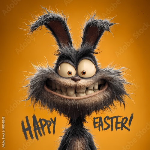 Ein lustig, zotteliger Osterhase mit der Schrift 