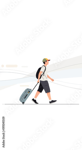 Man With Rolling Luggage Navigates Modern Travel Environment With Purposeful Stride