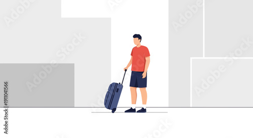 Man With Rolling Suitcase Traveling In Modern Minimalist Architecture