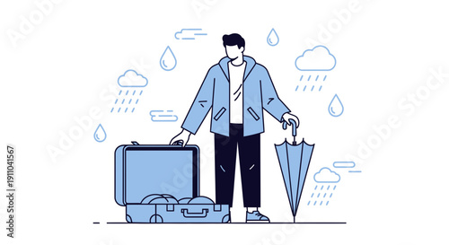 Man With Suitcase And Umbrella On A Rainy Day