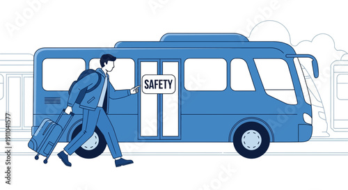 Man With Suitcase Entering Blue Bus With Safety Sign Board