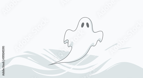 Minimalist Ghost Character Floating Over Abstract Waves