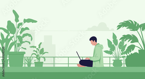 Man Working Remotely On Laptop Surrounded By Lush Green Plants
