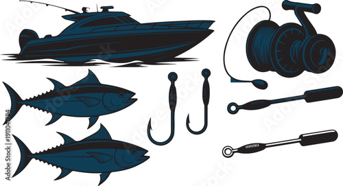 A powerful speed boat alongside tuna fish and various fishing tackle equipment