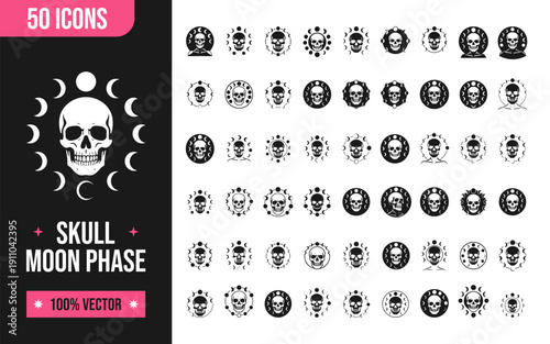 Skull icons with moon phases for spooky designs and graphics