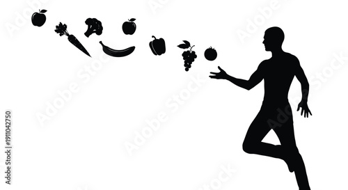 Silhouette of a man extending his hand towards floating fruit and vegetables