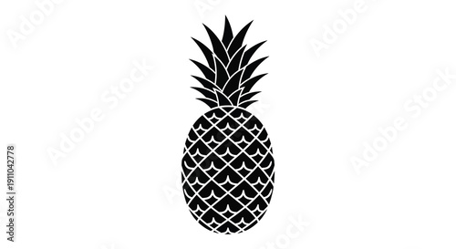 A striking black and white silhouette depicts a full pineapple with detailed textured skin and a crown