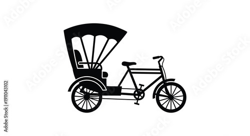 A stylized black and white illustration depicts a traditional rickshaw a human powered vehicle with a covered seat
