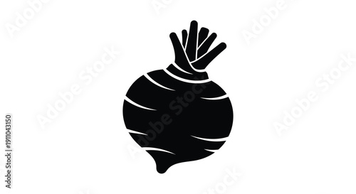 A minimalist black and white graphic depicts a single beetroot with visible leaves showcasing its rounded form