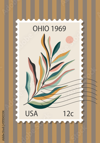 Vintage inspired poster designed as a classic postage stamp featuring abstract floral artwork in mid century modern style. Decorative perforated frame, pastel color palette and retro typography