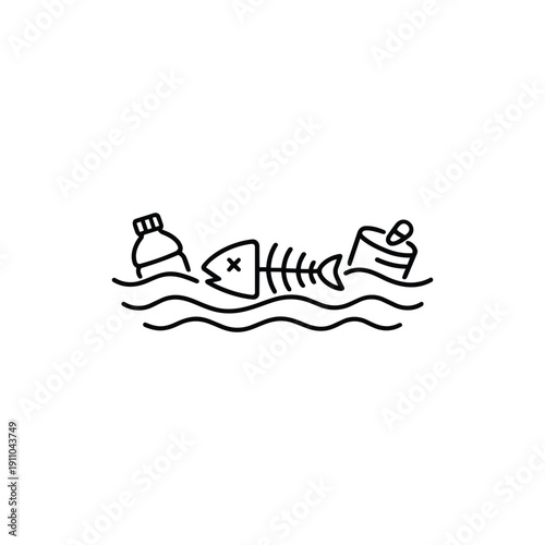 Black and white vector illustration of dead fish and plastic trash in polluted ocean water symbolizing global warming and environmental crisis