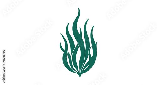 A stylized depiction of dark teal seaweed or kelp fronds against a stark white background resembling flames