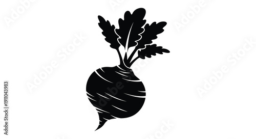 A striking black and white illustration depicts a single beetroot with detailed leaves and root structure high quality