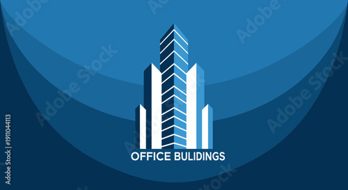 Modern Corporate Tower Design Depicted Against a Dynamic Blue Background with Curves