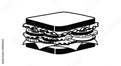A simple black and white illustration depicts a generously filled sandwich showcasing multiple layers of ingredients high quality