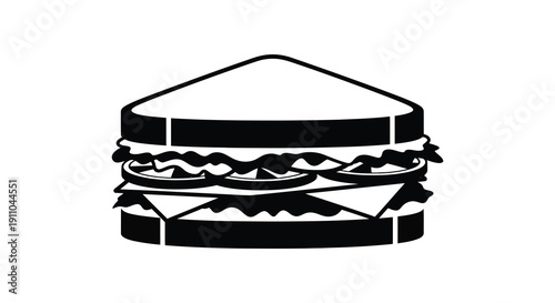A simple black and white illustration depicts a triangular sandwich with visible layers of filling high quality professional