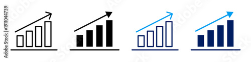 Four sets of growing bar chart icons with upward arrows representing financial success and progress