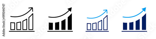 Collection of icons representing success and growth with rising bar charts and arrows.