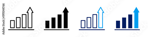 Set of four growing bar chart icons with upward arrows representing business success