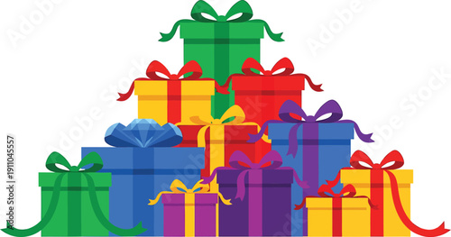 Colorful stack of wrapped gifts arranged in a festive pyramid shape Vector