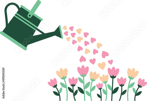 A green watering can pouring sweet pink and orange hearts onto blooming spring tulip flowers representing love care nurturing relationships and romantic gardening.