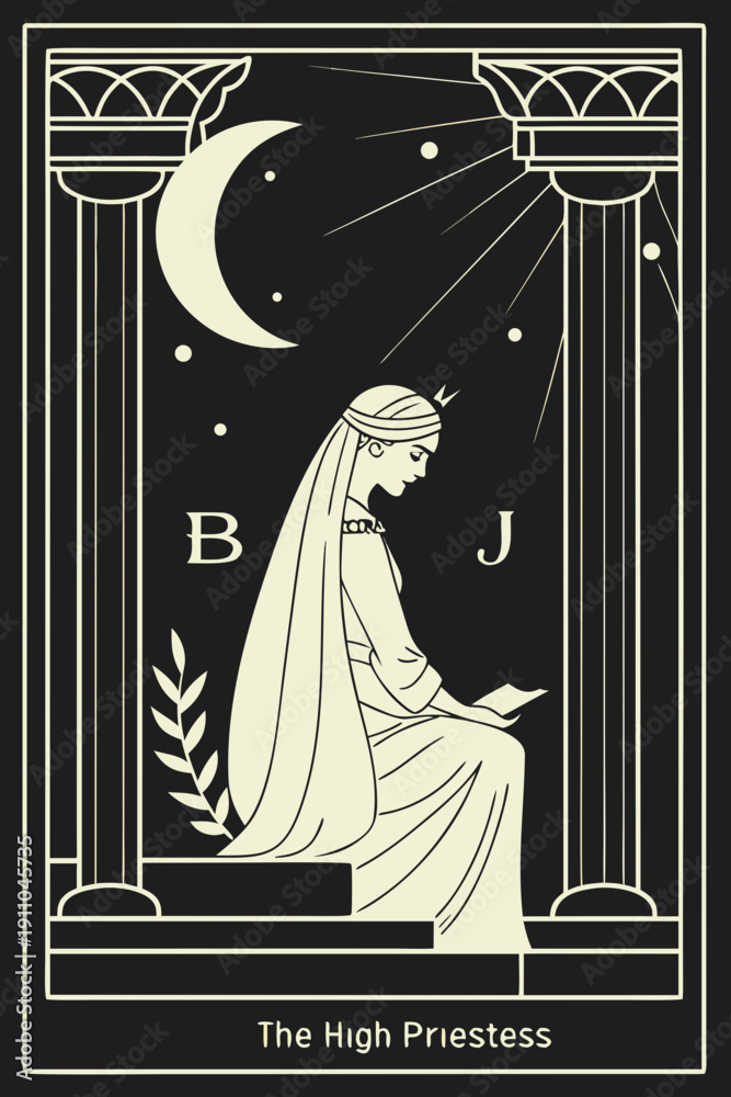 Fototapeta premium The High Priestess tarot card with pillars and book, vintage vector illustration