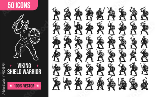 Viking shield warriors in various combat poses with swords and shields