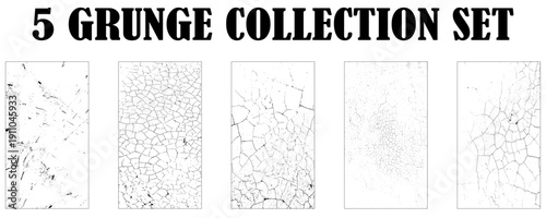 Collection of 5 grunge black dust and scratch wall texture. Set of Black and white grunge. Distress overlay texture. Surface dust and rough dirty wall background concept.