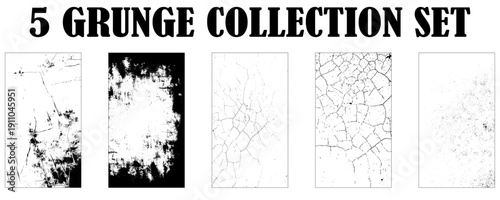 Collection of 5 grunge black dust and scratch wall texture. Set of Black and white grunge. Distress overlay texture. Surface dust and rough dirty wall background concept.
