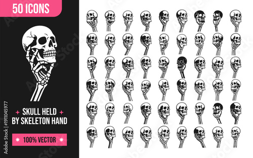 Unique skull icons held by skeleton hands in various styles