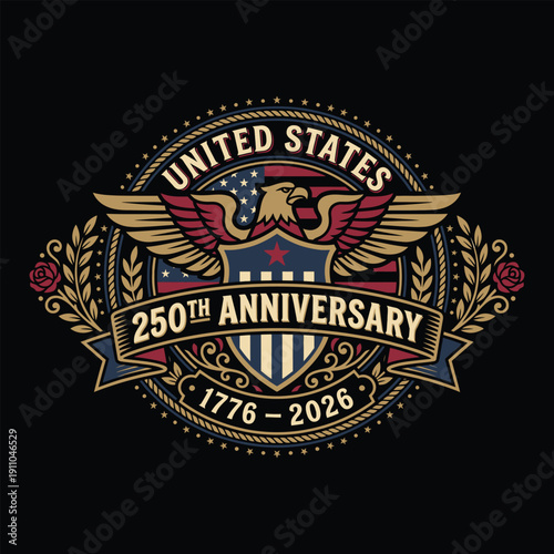 United States 250th Anniversary Vintage Eagle Emblem with American Flag and Roses Vector Design