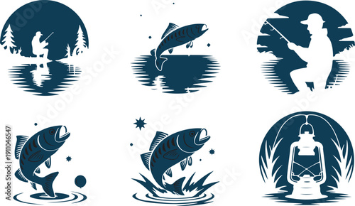 Collection of fishing activity silhouettes featuring a person angling and fish jumping from calm water