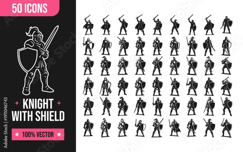 Collection knight icons in various poses with shields and swords