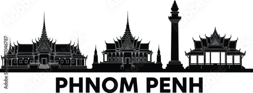 Phnom Penh City Skyline Silhouette Featuring Royal Palace Independence Monument and Cambodia Landmarks Vector for Southeast Asia Travel Tourism Design cad drawing