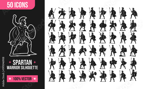 Spartan warriors in various battle poses with shields and spears