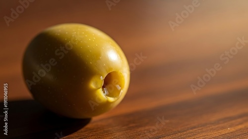 Green olive on wooden surface closeup.