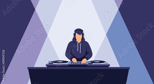 Modern Dj Playing Music With Headphones On A Stage With Spotlights